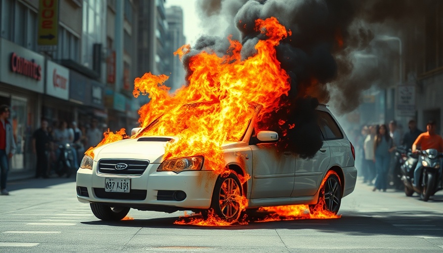 Burning car in a city street during the day, crowd nearby.