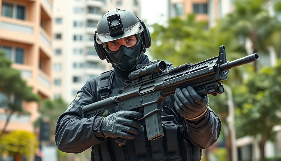 Tactical officer with weapon in urban area, immigration policy USA.