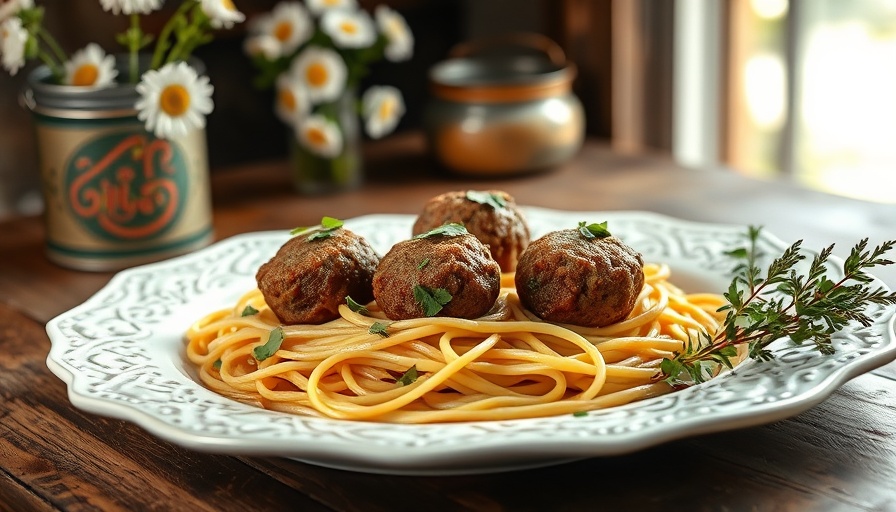Italian Sheet-Pan Bison Meatballs with Spaghetti on Wooden Table