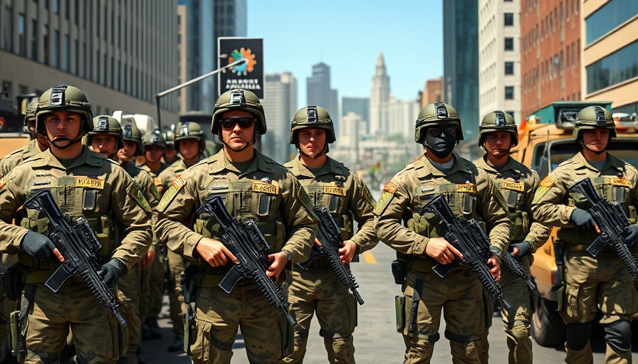 National Guard deployment in Los Angeles with soldiers standing alert in city.