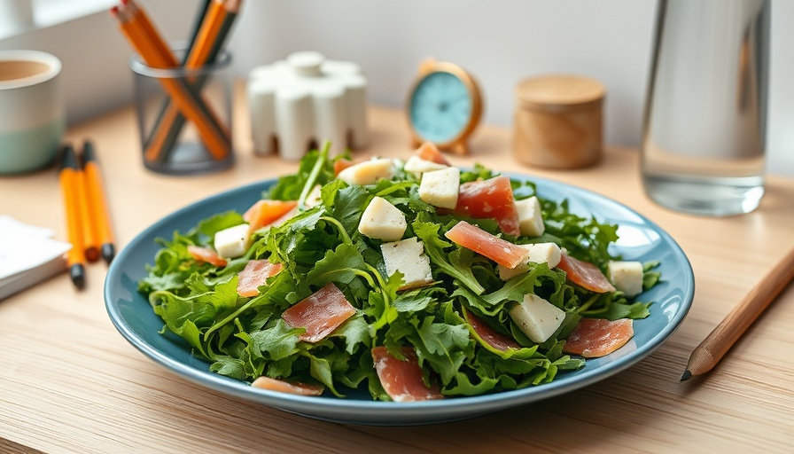 Healthy lifestyle: Salad with parmesan, prosciutto, and arugula on desk.