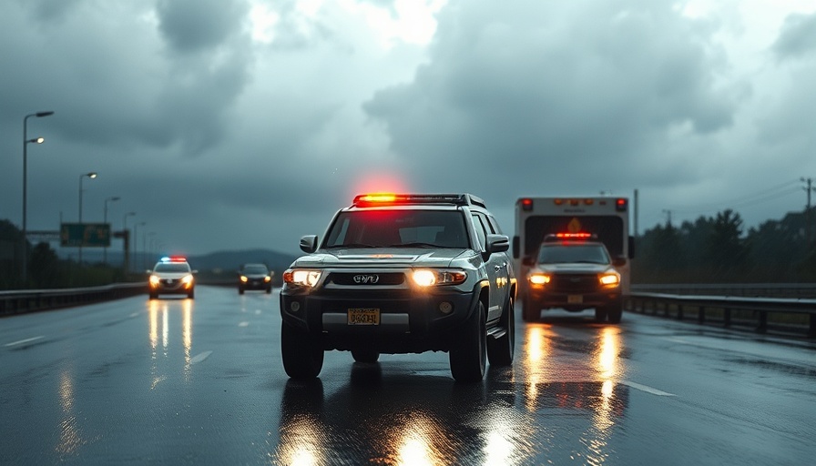 SUV caught in rainy storm on Tomball Parkway, emergency scene.