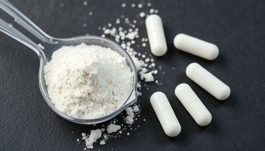 Creatine powder scoop and capsules on a textured surface.
