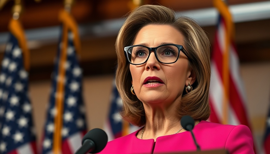 Confident woman at US federal charges press conference, vibrant setting.