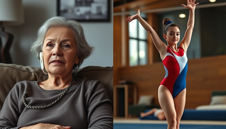 Contrasting images show a woman reflecting and a gymnast performing