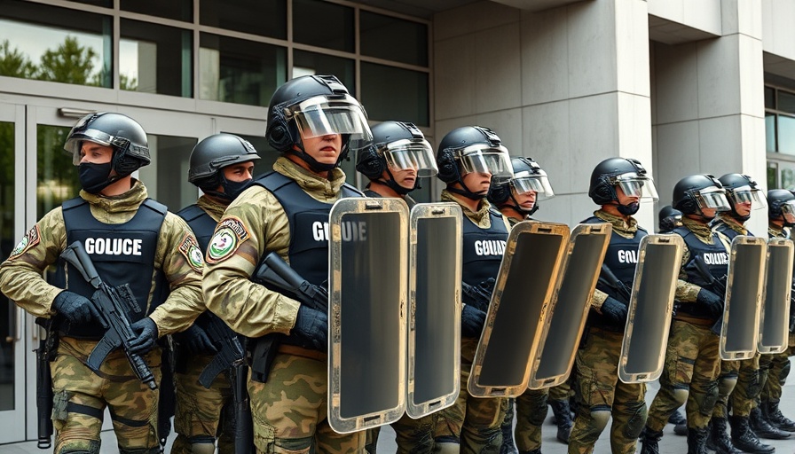 National Guard soldiers stand in formation with shields outside a building.
