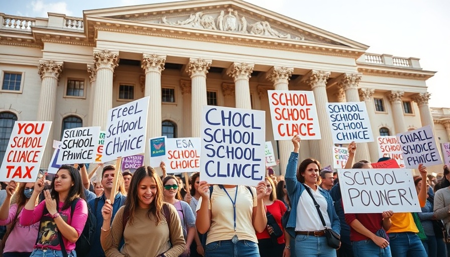 Crowd advocating for universal school choice with signs outside a building.