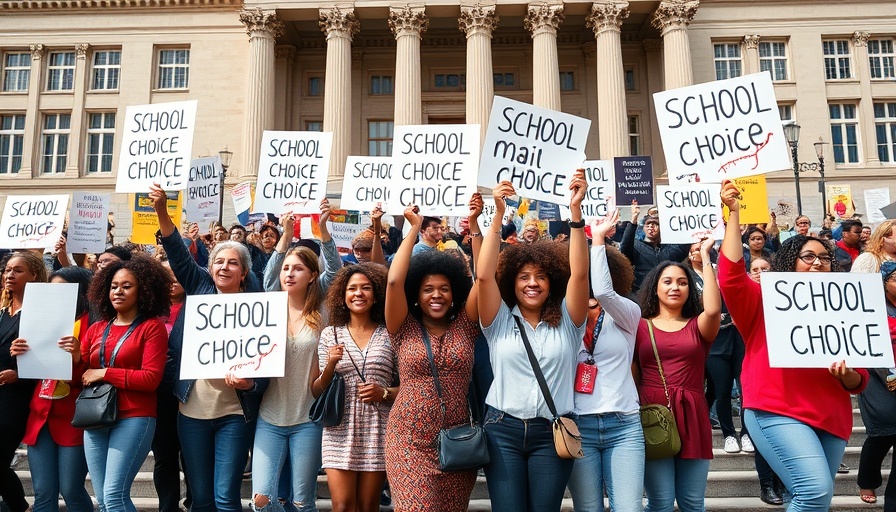 Demonstrators advocating universal school choice on courthouse steps.