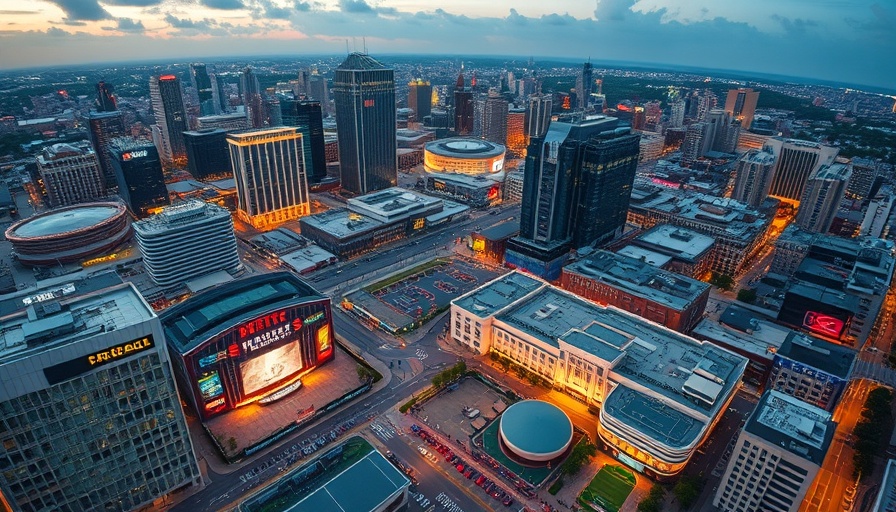 Aerial view of San Antonio sports district at dusk.