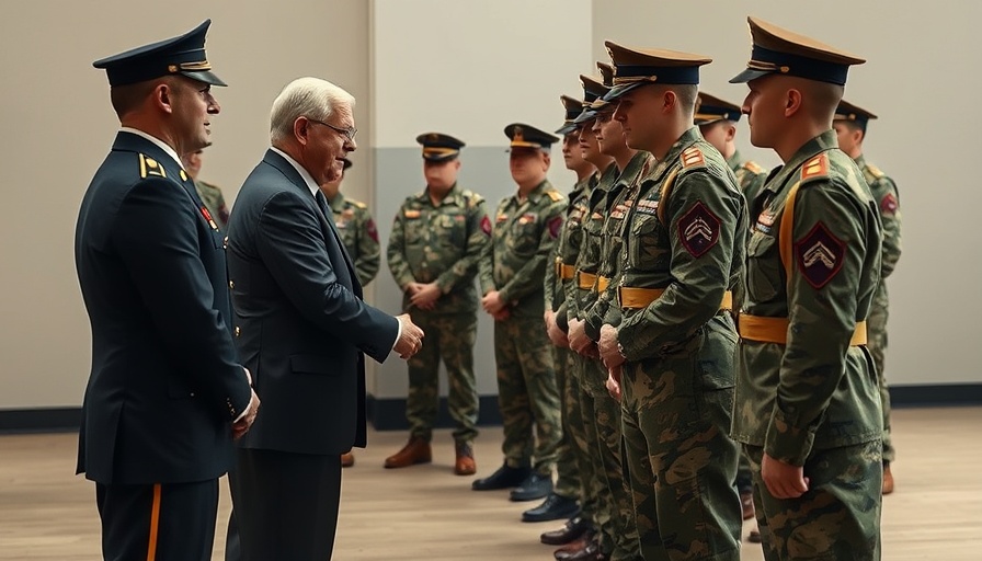 Prominent figure with National Guard soldiers, solemn moment.