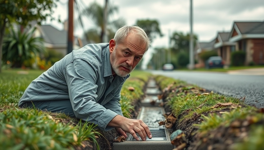 Man inspecting drainage ditch for flooding in Houston suburb.