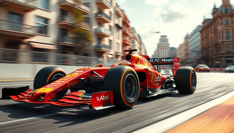 Vibrant F1 car racing in Madrid, showcasing speed and dynamic motion.