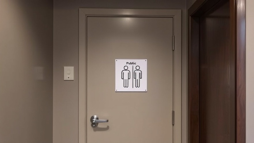 Public bathroom door signage highlighting Texas transgender rights issue.