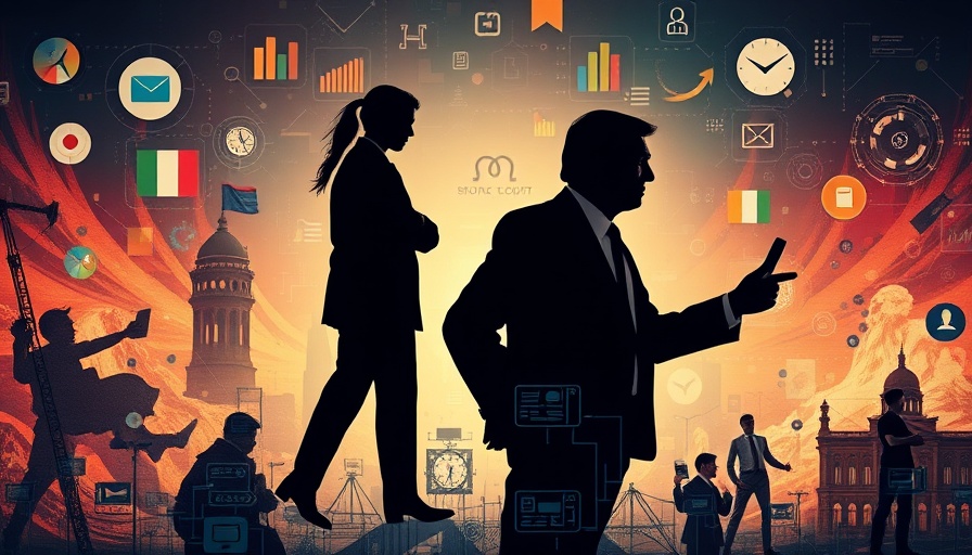 Silhouettes of businessperson and politician with technology and political symbols, Musk vs. Trump news.