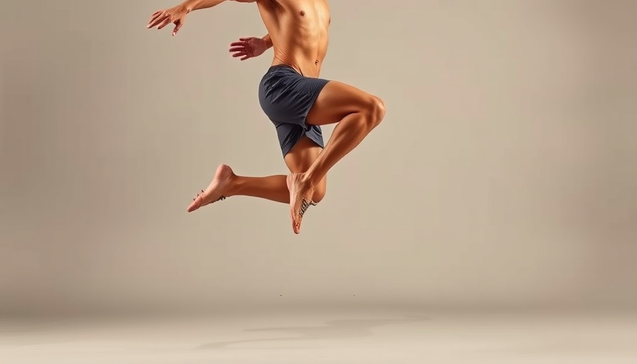 Dynamic athlete leaping energetically highlighting leg strength.