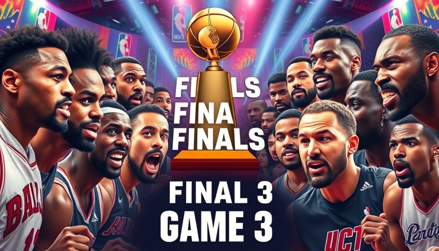 Collage depicting NBA Finals Game 3 with players and trophy.