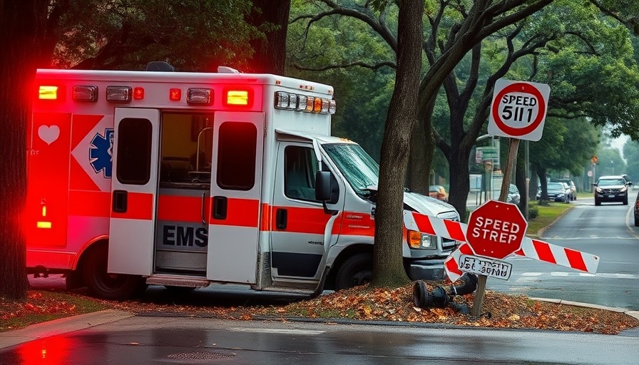 Houston EMS ambulance crash site after theft, vehicle on grass.