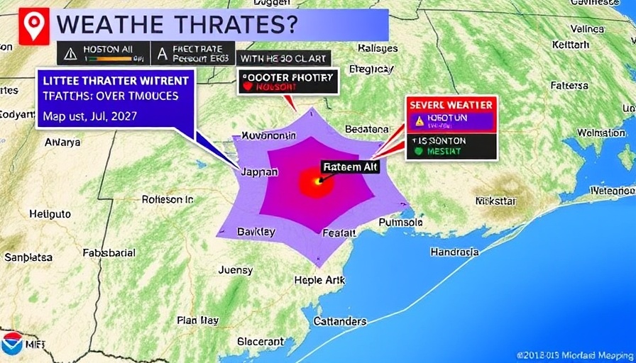 Houston weather alert map for heavy rain and storms, showing severe threat zones.