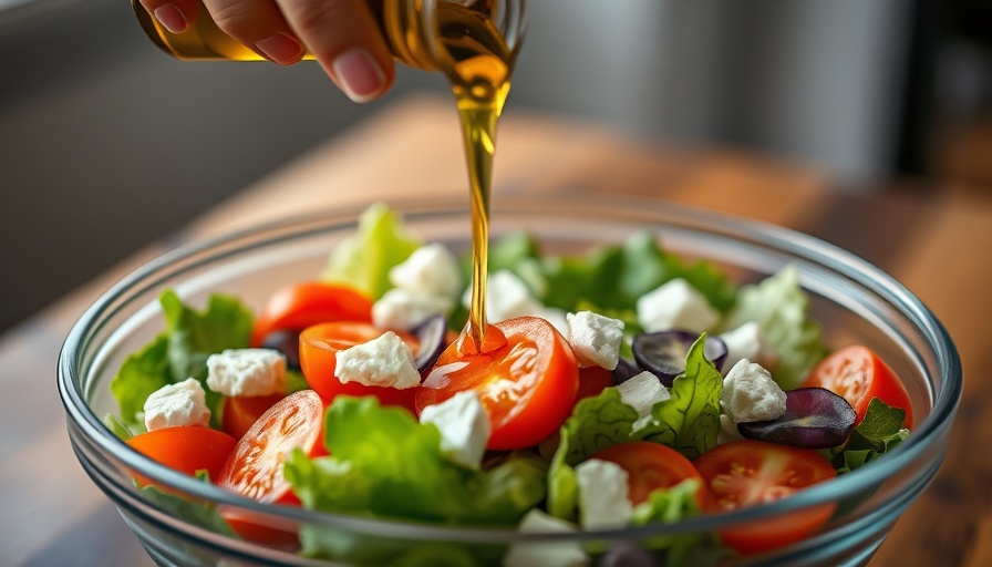 Pouring olive oil on salad with tomatoes and feta for healthy fats.