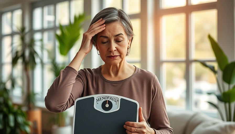 Middle-aged woman holding scale labeled 'MENOPAUSE', thoughtful expression.