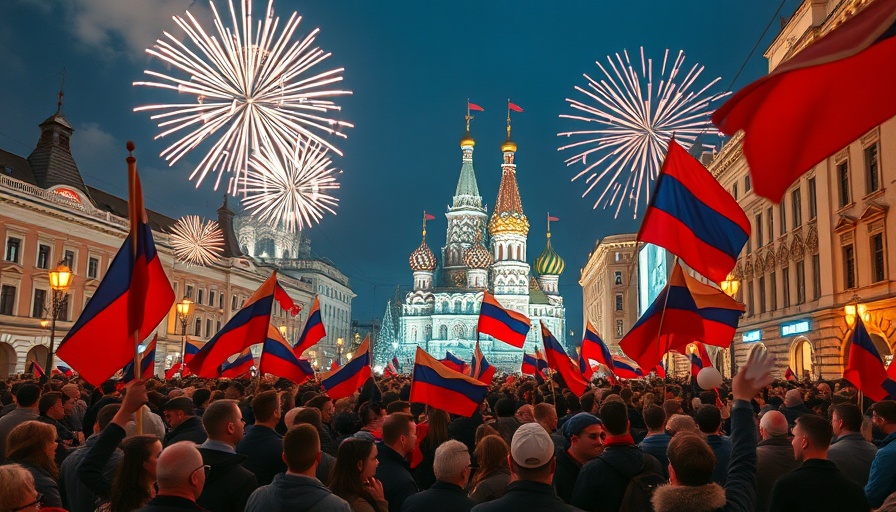 Russia National Day celebration with fireworks and flags.