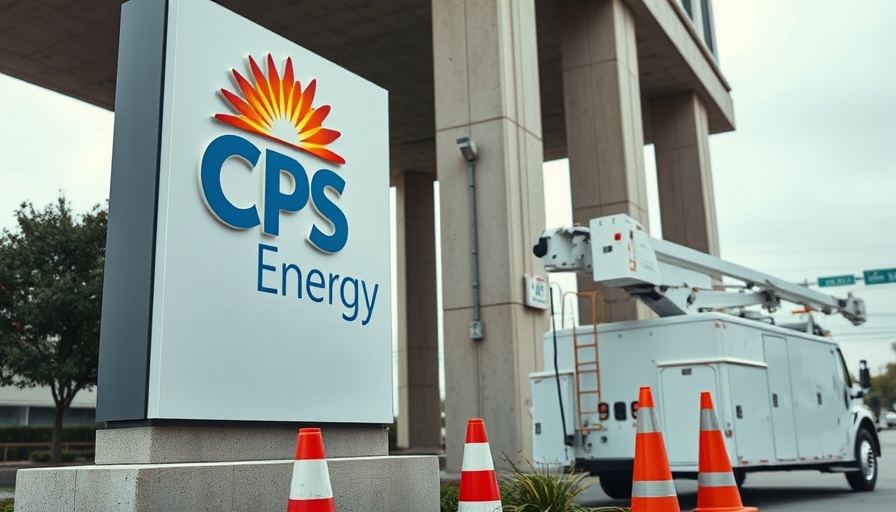 San Antonio power restoration news scene with CPS Energy sign and utility truck.