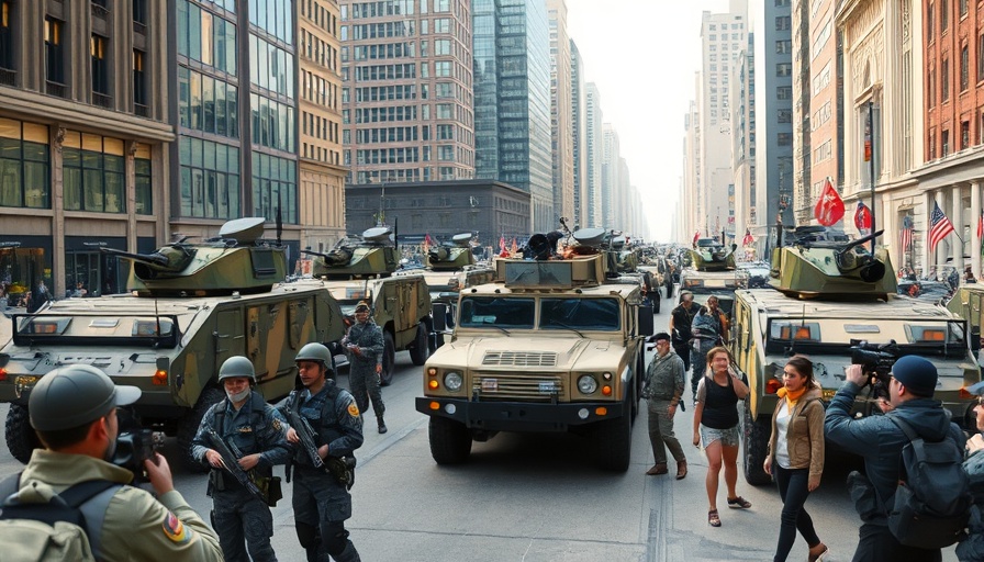 Military vehicles and media during urban troop deployment.