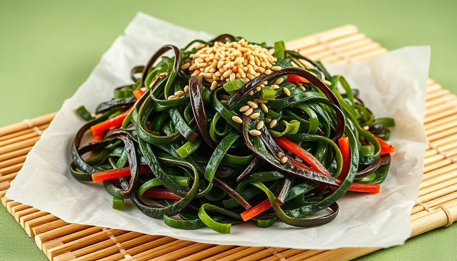Fresh seaweed salad with sesame seeds on parchment and bamboo mat.