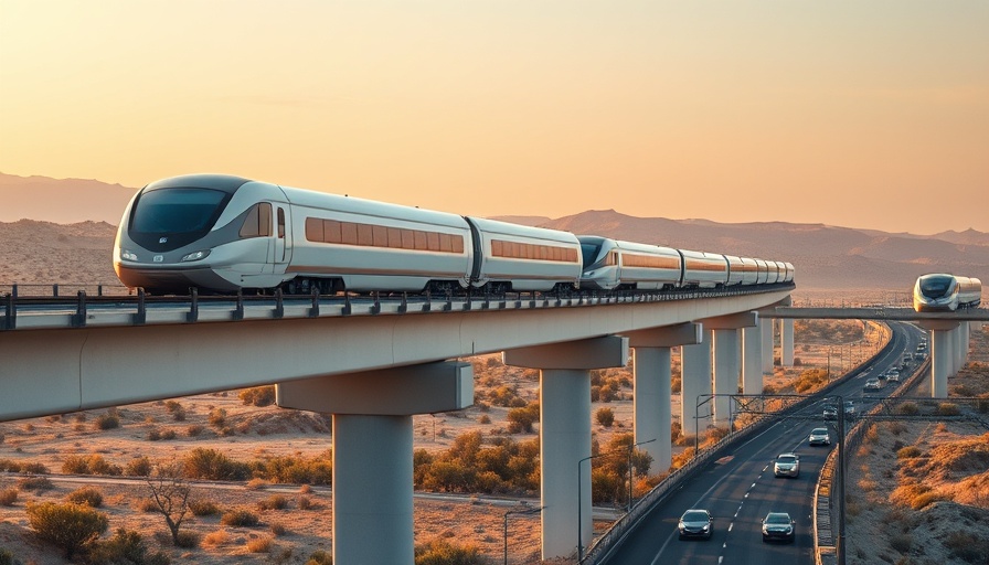 Modern U.S.-Mexico freight railway at sunset in desert.