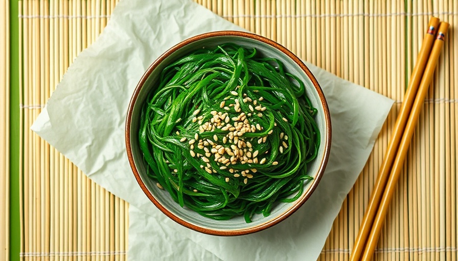 Vibrant seaweed salad in a bowl on a bamboo mat with chopsticks. Plant-based omega-3 sources.