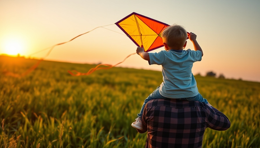 Father and son bonding while flying kite at sunset, serene landscape