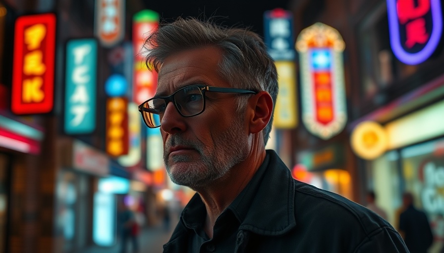 Middle-aged man in neon-lit street, The Life of Chuck adaptation.