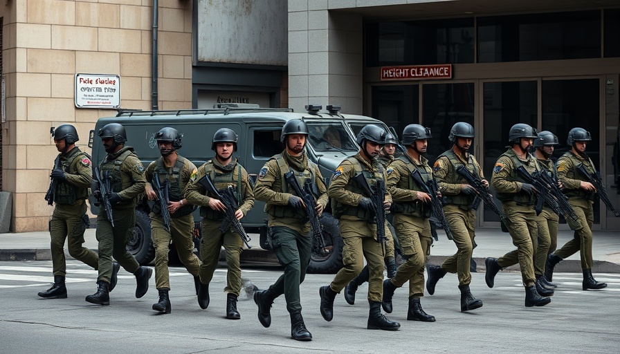 Troops in gear deployed outside building with military vehicle.