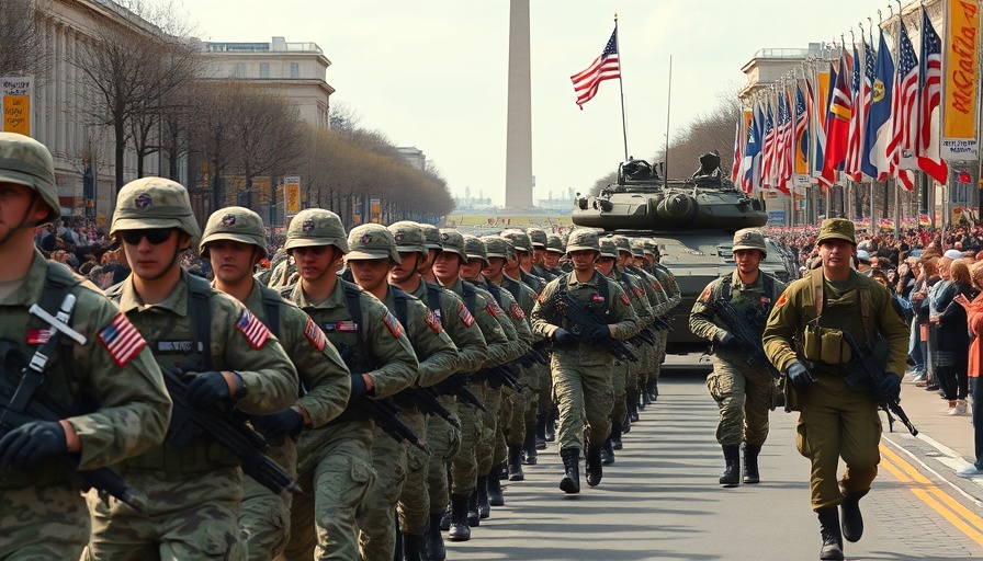 US military parades: Troops marching with tank and flags in city.
