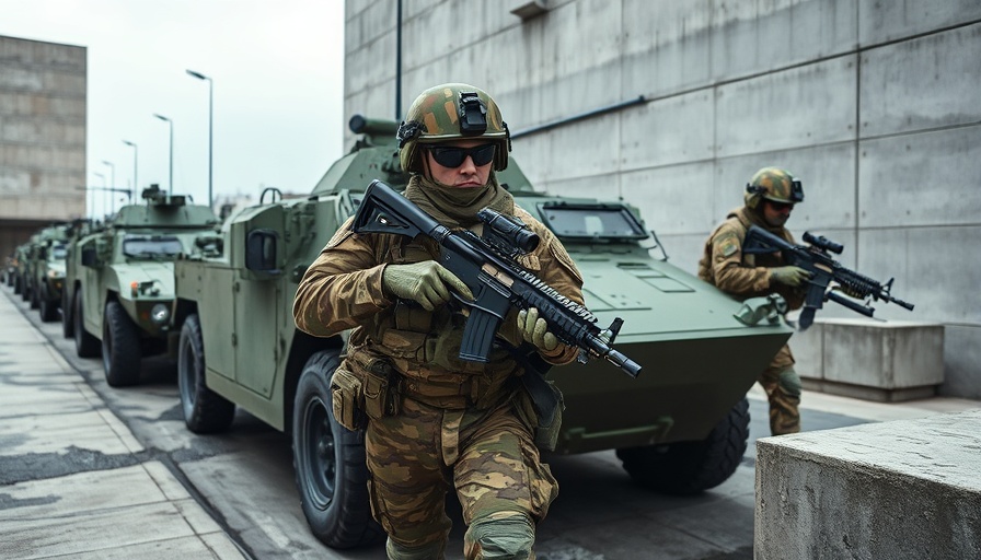 Military troop deployment in camouflage near armored vehicles in urban area.