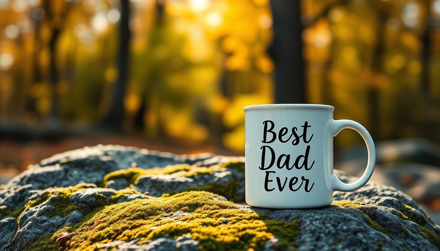 Ceramic mug with 'Best Dad Ever' text in nature, vibrant lighting.