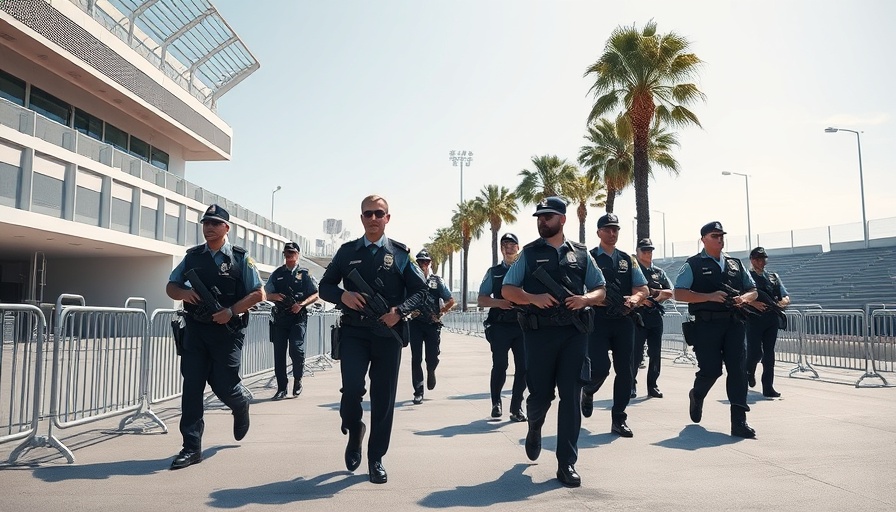 Officers patrol a stadium exterior; consequences for violent protesters.