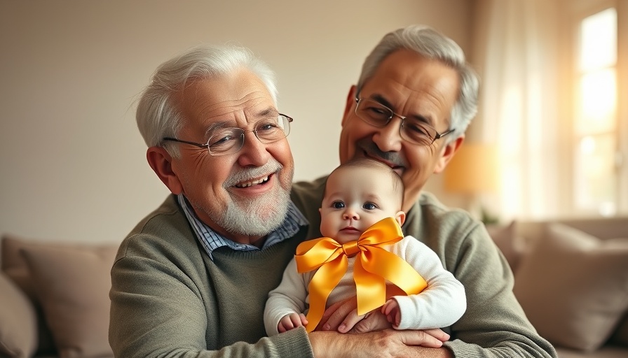 Elderly man holding baby with golden bow, cozy room lighting.