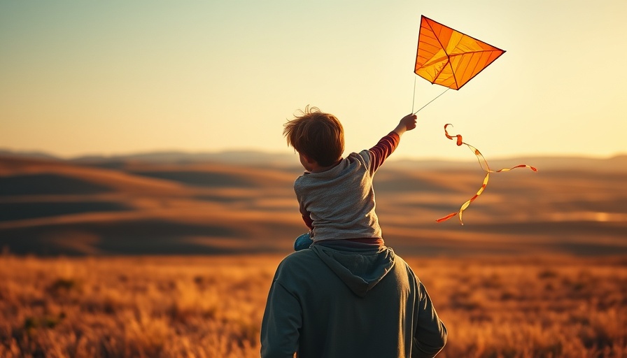 Child on parent's shoulders flying kite in sunset field.