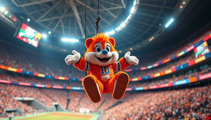 Animated mascot ziplining in sports stadium, same energy sports connection.