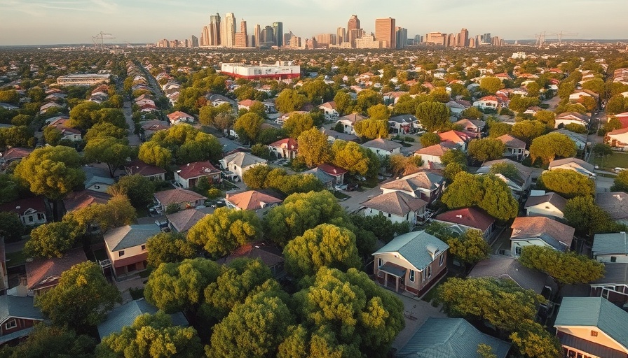 Aerial view of dense neighborhood in Texas, urban landscape.