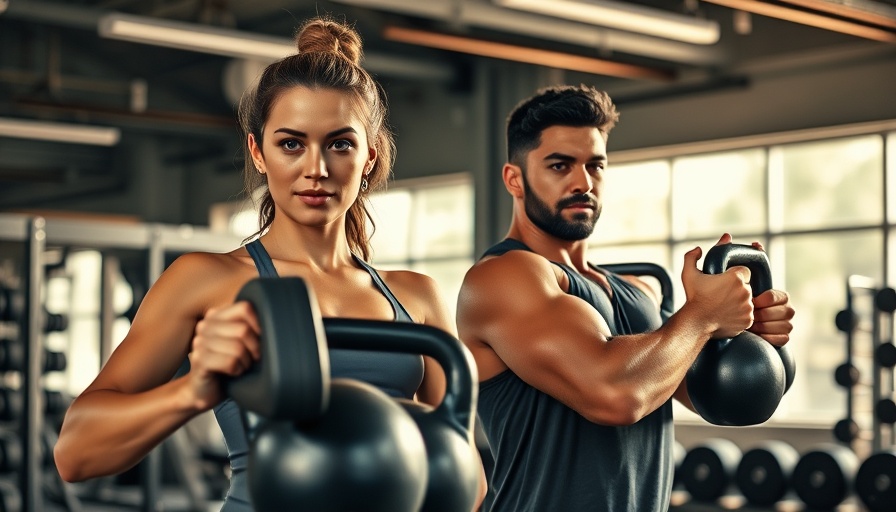 Focused individuals strength training with kettlebells in a gym.
