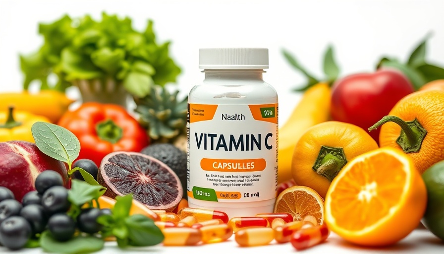 Immune support vitamin C supplement bottle with fruits and vegetables.