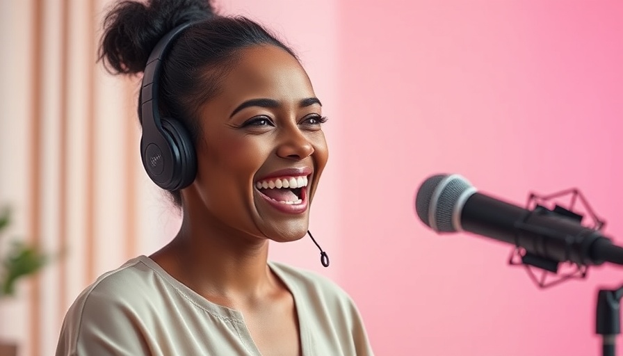 Woman cheerfully speaking into a microphone at an interview.