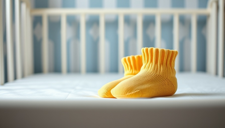 Cute yellow baby socks on a white crib, soft nursery scene.