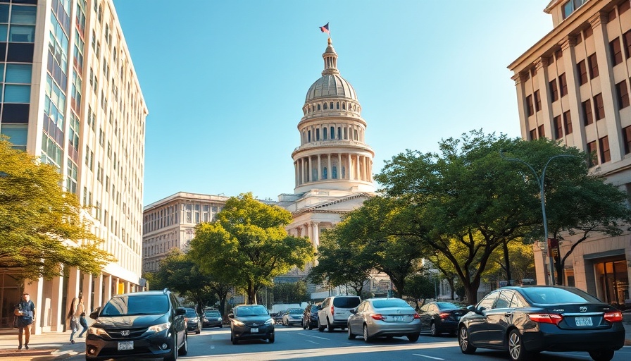 Texas State Capitol viewed from street amid traffic in downtown Austin.