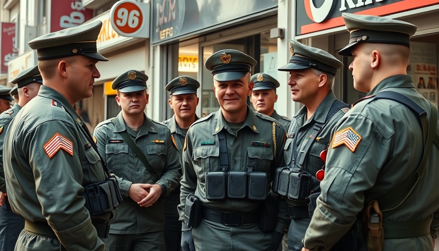 Soldiers gathered outside a store in San Antonio, urban scene.