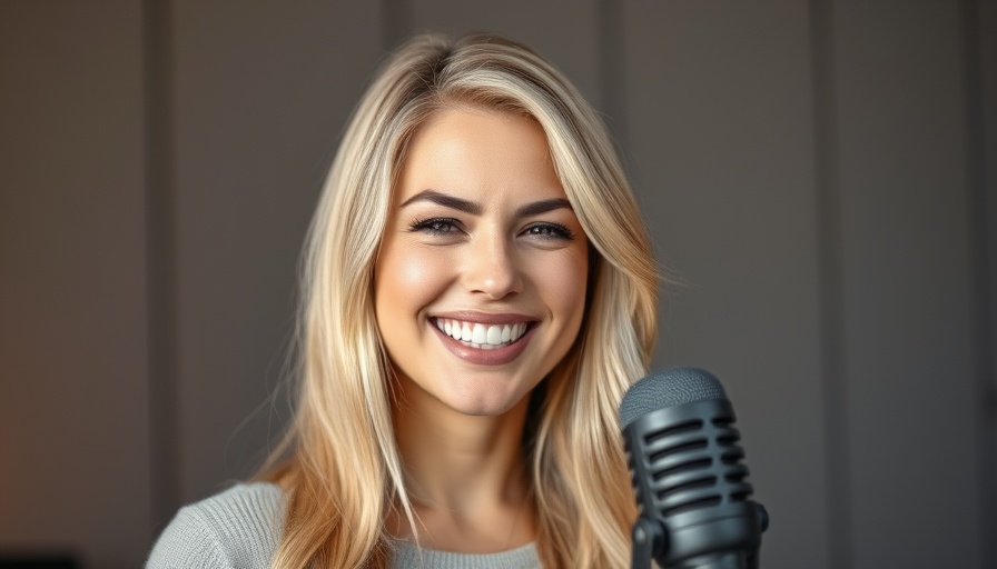 Radiant blonde woman speaking into a microphone in a modern studio.