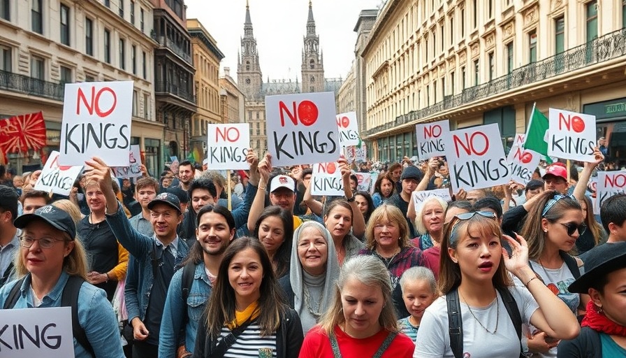 No Kings protest with diverse crowd holding signs in city setting.