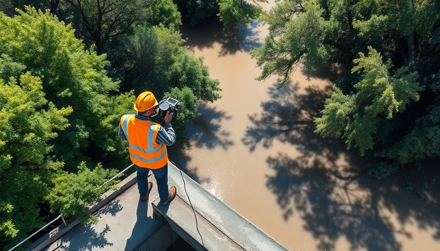 Engineers measuring floodwaters from a San Antonio bridge
